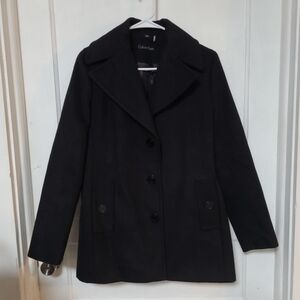 Calvin Klein Luxury Black Wool Blend Pea Coat with Notch Lapel